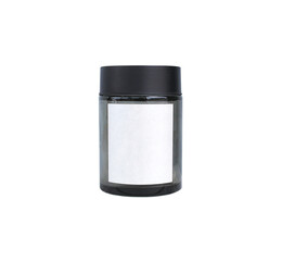 Clear Black Glass Container, A transparent cylindrical glass container with a blank white label and a black lid, isolated