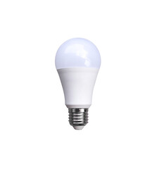 LED Light Bulb Idolated, A modern, white LED light bulb with a silver screw base stands upright