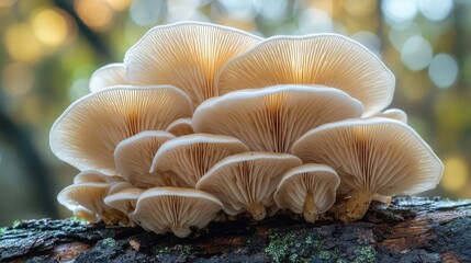 Close-up of oyster mushrooms growing on a weathered log, capturing the intricate details of fungi in the wild. -