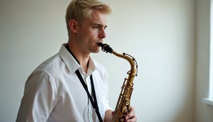 Fototapeta premium Young musician plays saxophone in studio. Blond male artist, with short hair, performs jazz music. Classic sax, musical instrument, pro. Music concept. Copy space.