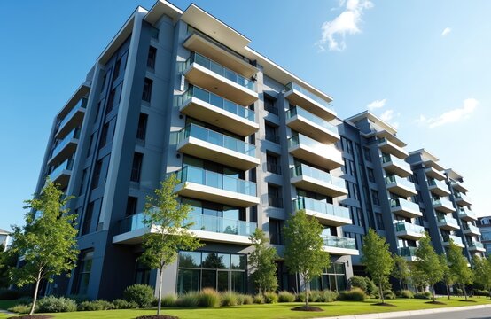 Modern apartment building with balconies, landscaping. Urban residential architecture, contemporary design, property. Blue sky, sunny day, green grass. Real estate, home, condo, complex, housing,