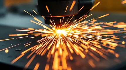 Close-up of metal grinding sparks, showcasing intense energy and industrial process, symbolizing manufacturing, precision, and power