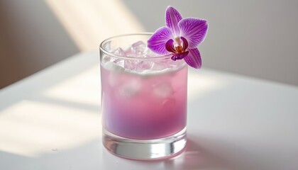 Craft cocktail Coco Ube, cold refreshing drink with ice. Purple orchid flower decoration. Beverage at bar, restaurant. Refreshing alcoholic beverage. Perfect for happy hour.