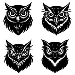 Four detailed owl head illustrations in black and white with varied feather patterns and intense gaze design