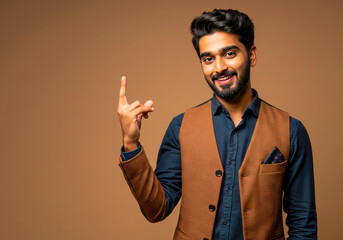 Fototapeta premium Confident Indian Man Gesturing Idea Brown Background Studio Portrait