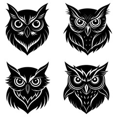 Four stylized owl heads in black and white with intricate feather and face details shown clearly here