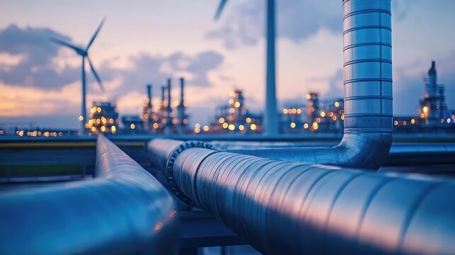 Close-up of pipe leading to wind turbines, highlighting renewable energy in industrial setting.