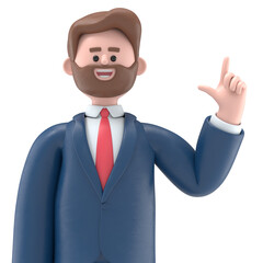 3D illustration of bearded american businessman Bob is pointing.Transparent Background Mockup.Supports PNG files with transparent backgrounds.