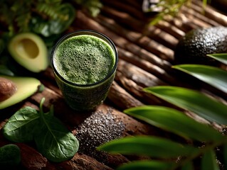 Vibrant green smoothie amidst natural splendor