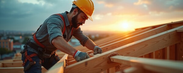 Carpenter builds wood frame house construction at sunset. Roofer male with beard wears hard hat, safety harness. Man works with wood. Building new home renovation project. Real estate, property