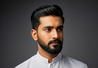 Fototapeta premium Portrait of a Handsome Indian Man with Stylish Hair and Beard in White Shirt