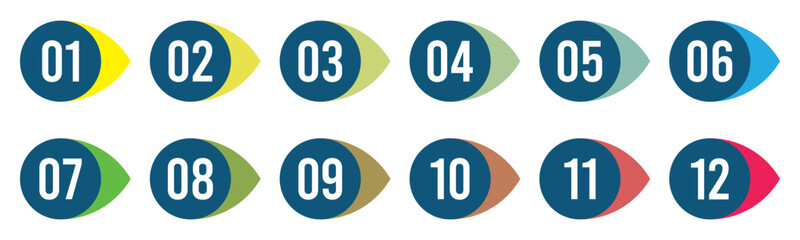 Colorful numbered arrow bullet point vector set from 1 to 12