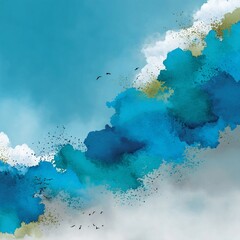 Watercolor sky with blue clouds and birds