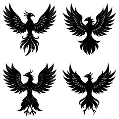 Fototapeta premium Four phoenix birds in black silhouette with wings spread on a white background in a symmetrical arrangement