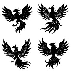 Obraz premium Four phoenix birds in black silhouette with wings spread and tails flowing in different directions