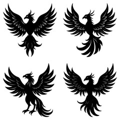 Naklejka premium Four phoenix birds in black silhouette with wings spread and detailed feather patterns in various poses
