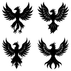 Obraz premium Four black phoenix birds with spread wings in different styles on a white background illustration image