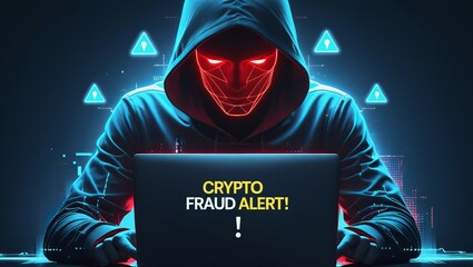 A mysterious hooded figure with a glowing mask works on a laptop, warning about crypto fraud in a dark, digital setting.
