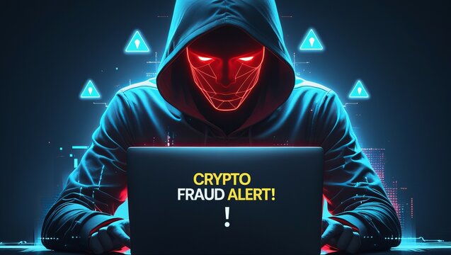 A mysterious hooded figure with a glowing mask works on a laptop, warning about crypto fraud in a dark, digital setting.