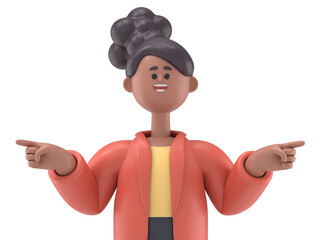 3D illustration of african american woman Coco is pointing.Transparent Background Mockup.Supports PNG files with transparent backgrounds.