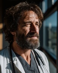 Weary doctor stares into the distance