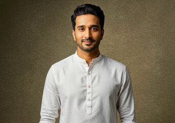 Confident Young Indian Man Portrait Studio Shot Wearing Traditional White Kurta