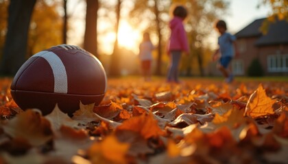 Football lies on autumn leaves. Children play in background under golden sunlight during sunset. Happy family moments outdoor with fall colors, seasonal mood. Warm, vibrant scene.