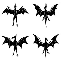 Naklejka premium Four black silhouette illustrations of dragon like creatures with wings in various poses on white