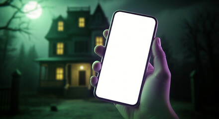 Hand Holding a Blank White Screen Smartphone in Front of a Spooky Haunted House Under a Full Moon Halloween App or Game Mockup