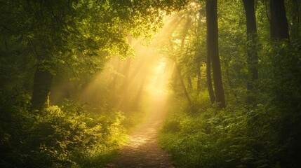 Obraz premium The forest is bathed in the soft light of morning, its trees surrounded by a delicate mist, the ground beneath a lush carpet of moss and ferns, with spider webs adorned in dew, showcasing nature's