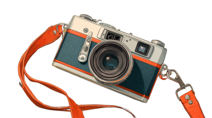 Retro film camera with strap and summer sticker details, flat lay, bright tones, PNG