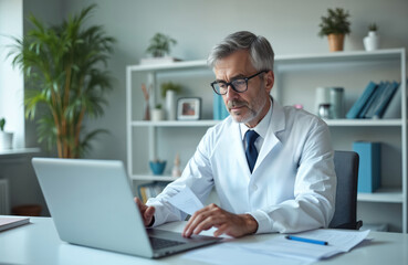 Experienced doctor reviews patient data, laptop computer, ensuring accurate diagnoses, personalized healthcare in modern medical office. Doctor, wearing lab coat, works with technology for health