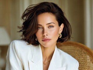 Woman gazes in white blazer stylishly serene