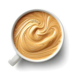 Close-up view of a white ceramic cup filled with creamy coffee, featuring swirling patterns of milk and coffee, creating a visually appealing beverage experience