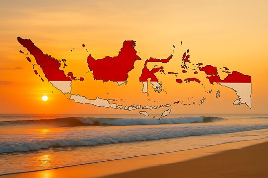 Indonesia map outline filled with the Indonesian flag over a beach at sunset.