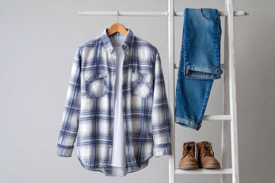 Clothing ensemble plaid shirt tee jeans and boots displayed on a rack