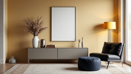 Modern living room interior with a comfortable armchair and decorative elements.