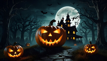 "Halloween Background with Evil Pumpkin, Haunted House, and Spooky Forest at Night – 3D Render Illustration Perfect for Scary Holiday Events, Dark Themes, and Halloween Banner Designs"