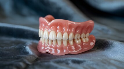 Detailed image showing a Full Denture resting on a satin fabric for dental care