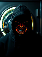 Portrait of a sinister man in a dark hoodie and a glowing skull mask against the background of a neon door of a bank safe. Hacker, villain, intruder, digital safecracker