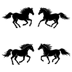 Four black horse silhouettes in dynamic poses galloping on a white background in a vector image