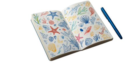 Open notebook with colorful beach doodles and pen, flat lay, PNG