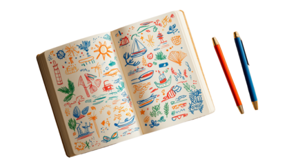 Open notebook with colorful beach doodles and pen, flat lay, PNG