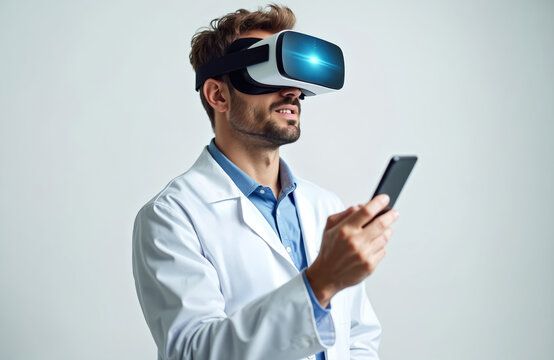 Caucasian doctor in lab coat using VR headset. Man explores medical data, innovation tech. Doctor uses mobile phone. Modern medicine concept, futuristic healthcare.
