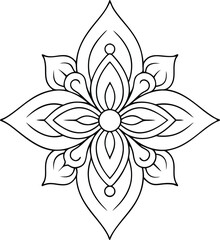 symmetric floral mandala ornament, black outline geometric flower vector

