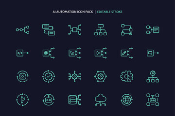 24 automation icons for AI engine system concept, data analysis, coding or programming workflow development, management flowchart and artificial intelligence in minimalist outline icon set vector.