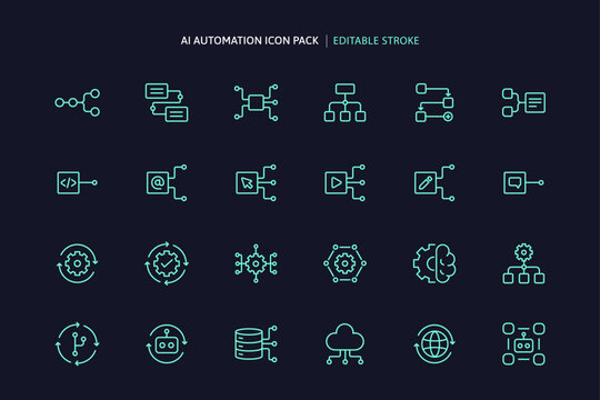 24 automation icons for AI engine system concept, data analysis, coding or programming workflow development, management flowchart and artificial intelligence in minimalist outline icon set vector.