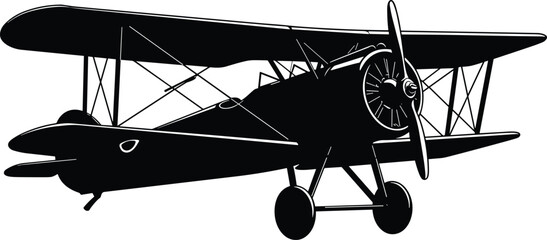 Vintage biplane silhouette, retro aircraft design, classic propeller airplane illustration, black and white aviation art, historical flying machine, isolated vector transport icon, old-fashioned