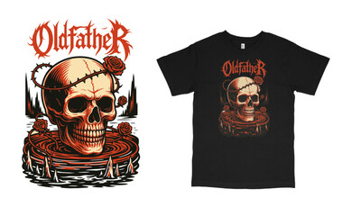 Vector art of a skull with a thorn crown and roses is submerged in water, featured on a black t-shirt with the band name old father