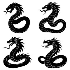 Obraz premium Collection of four black dragon illustrations with intricate details and varying body positions and features